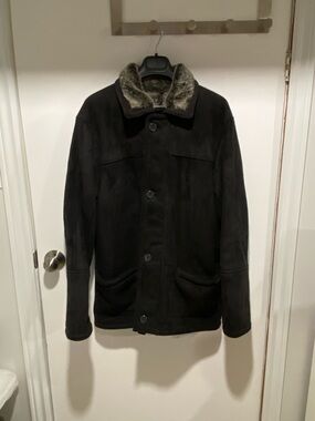 Men's Black Faux Suede Pea Coat with Faux Fur Collar